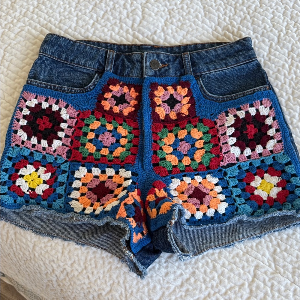 FARM Rio Multicolor Crochet Jean Shorts